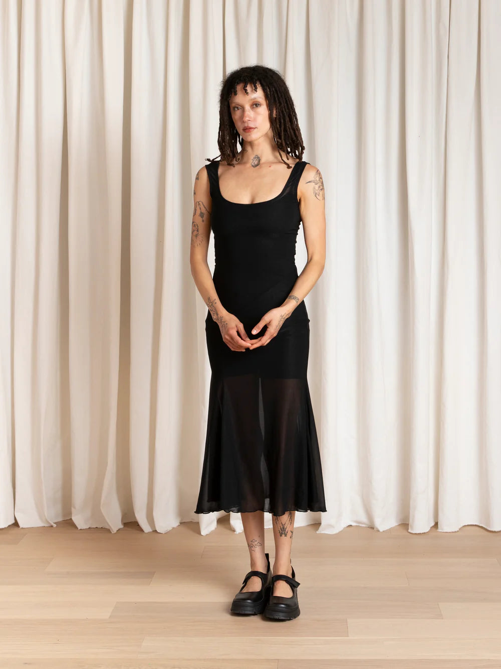 Ali Golden Tank Dress with Asymmetrical Hem in Black