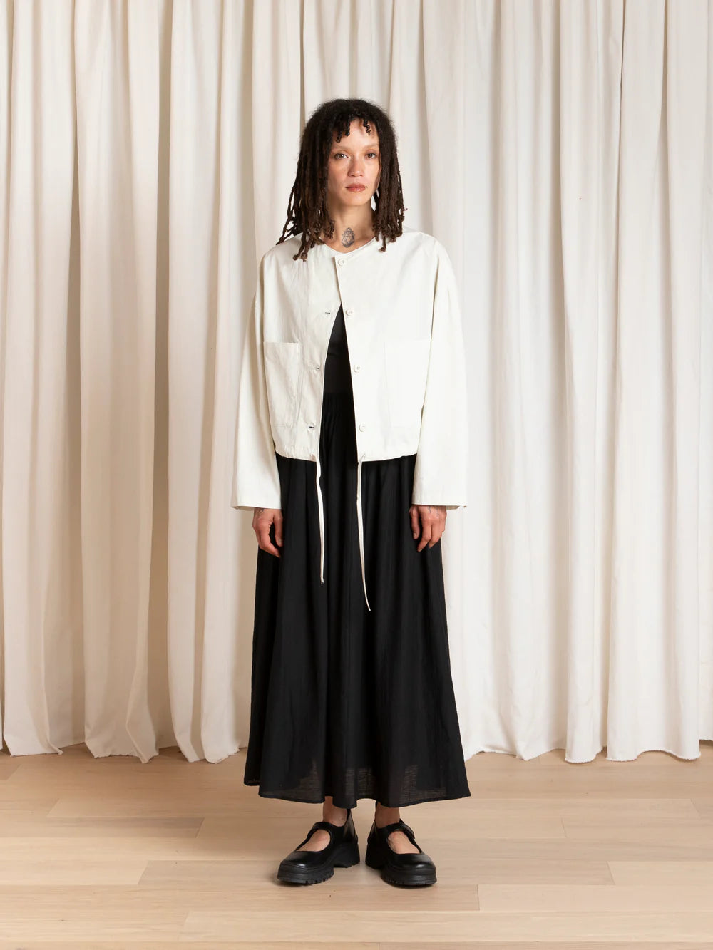 Ali Golden Cropped Drawstring Jacket in Ecru