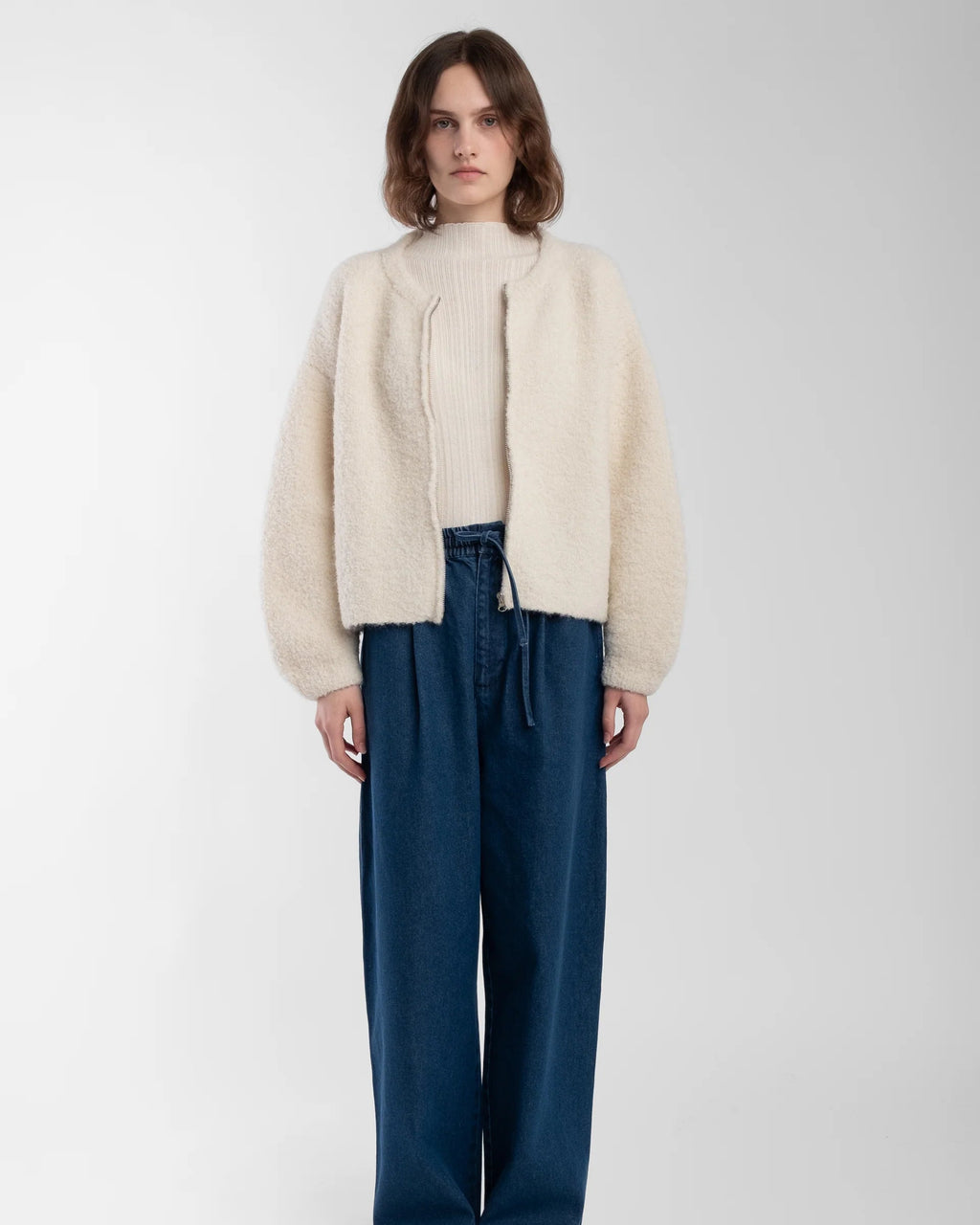 Micaela Greg Boucle Zip Cardigan in Cream