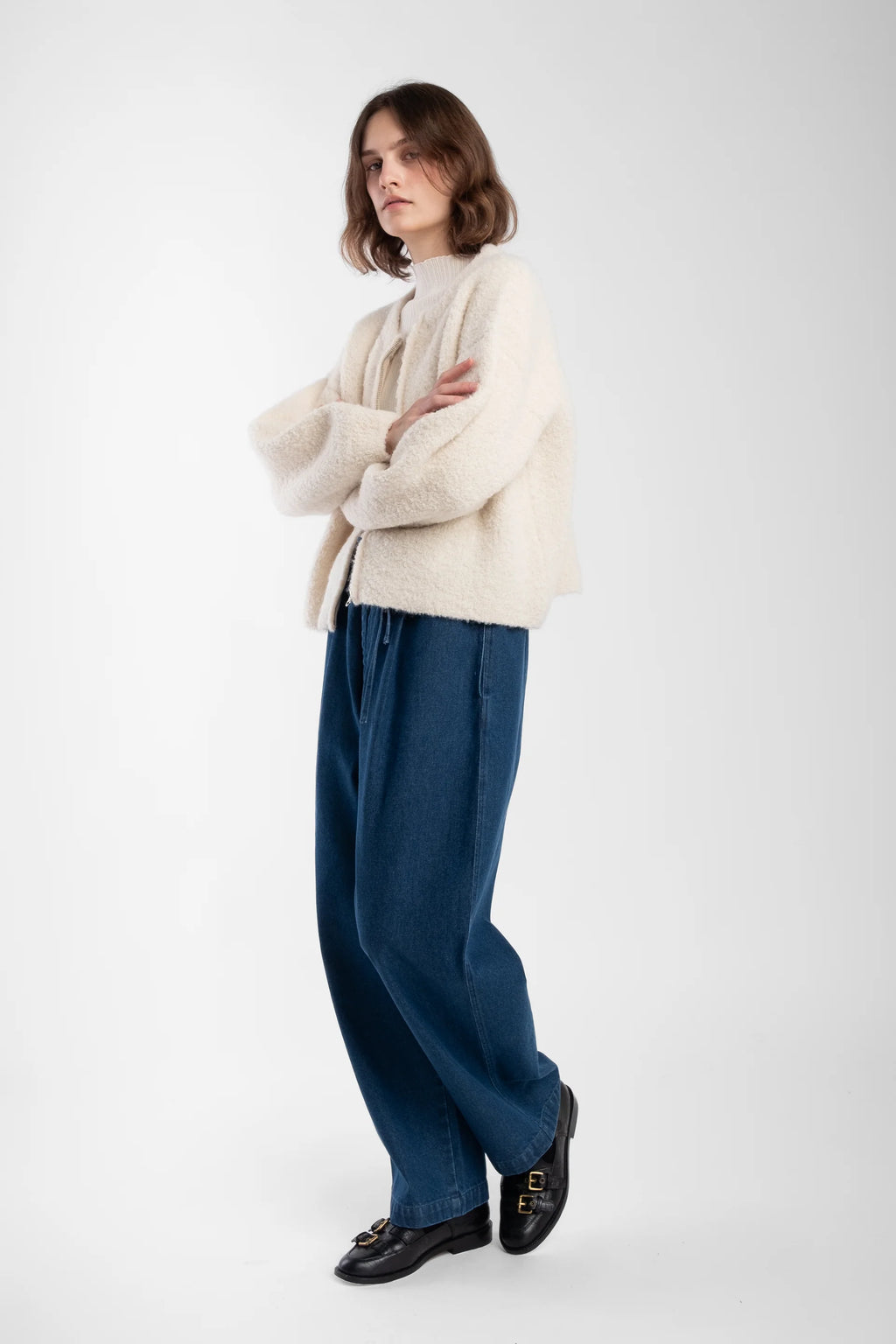 Micaela Greg Boucle Zip Cardigan in Cream