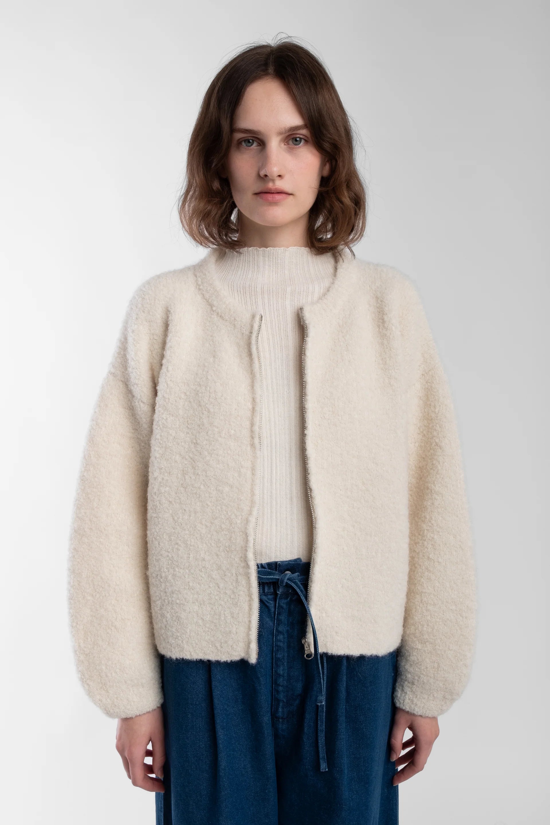 Micaela Greg Boucle Zip Cardigan in Cream