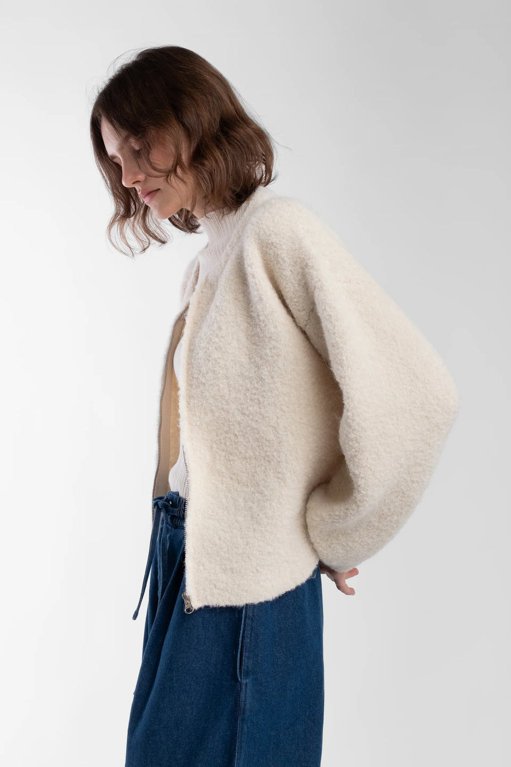 Micaela Greg Boucle Zip Cardigan in Cream