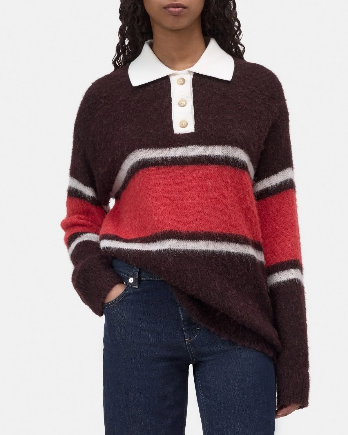 Closed Polo with Rugby Stripe in Cinder Brown