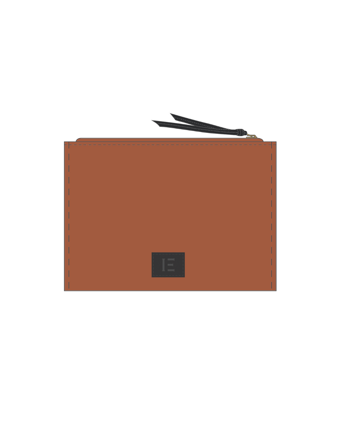 Brown pouch with a black zipper on a white background