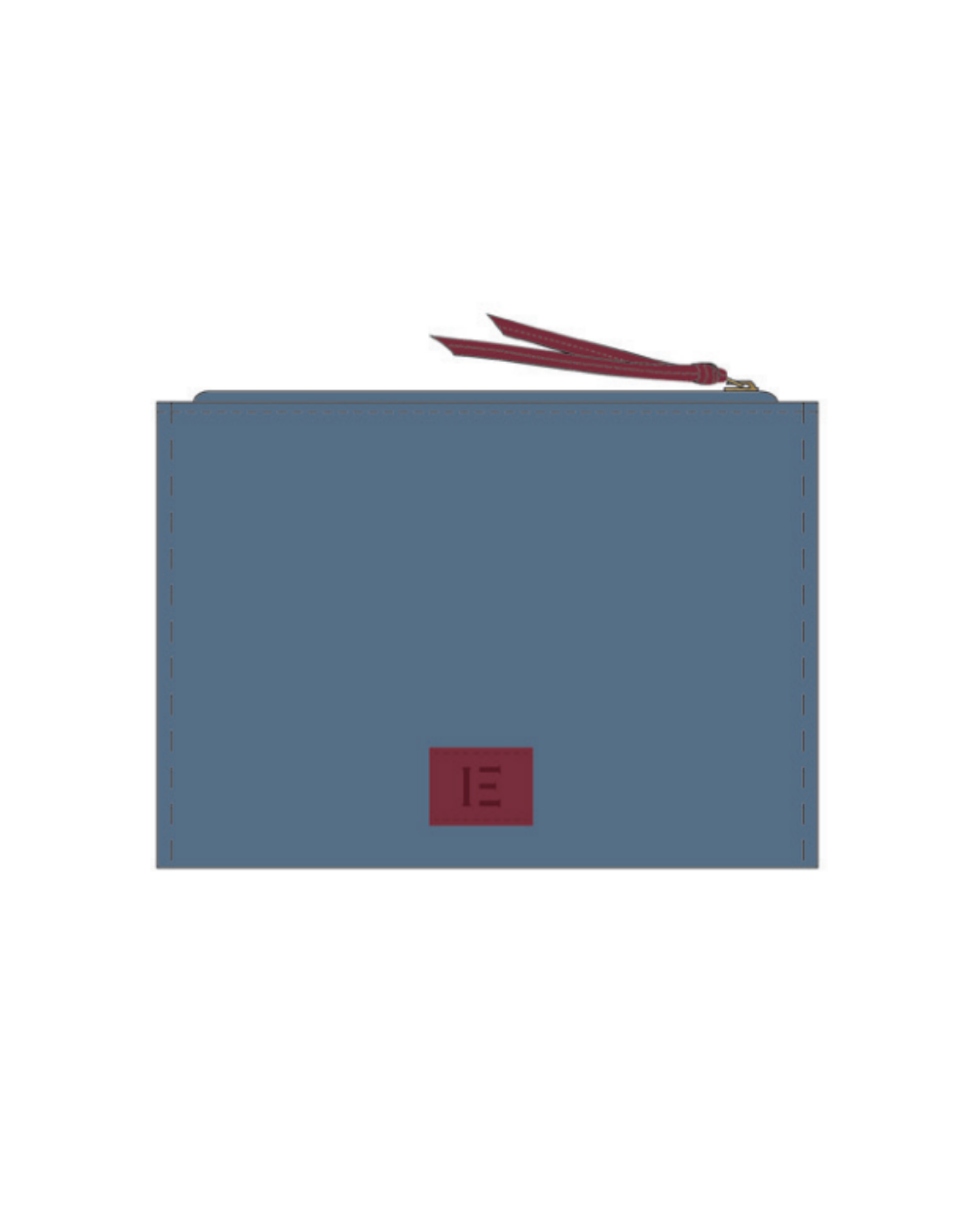 Blue pouch with a red zipper and logo on a white background