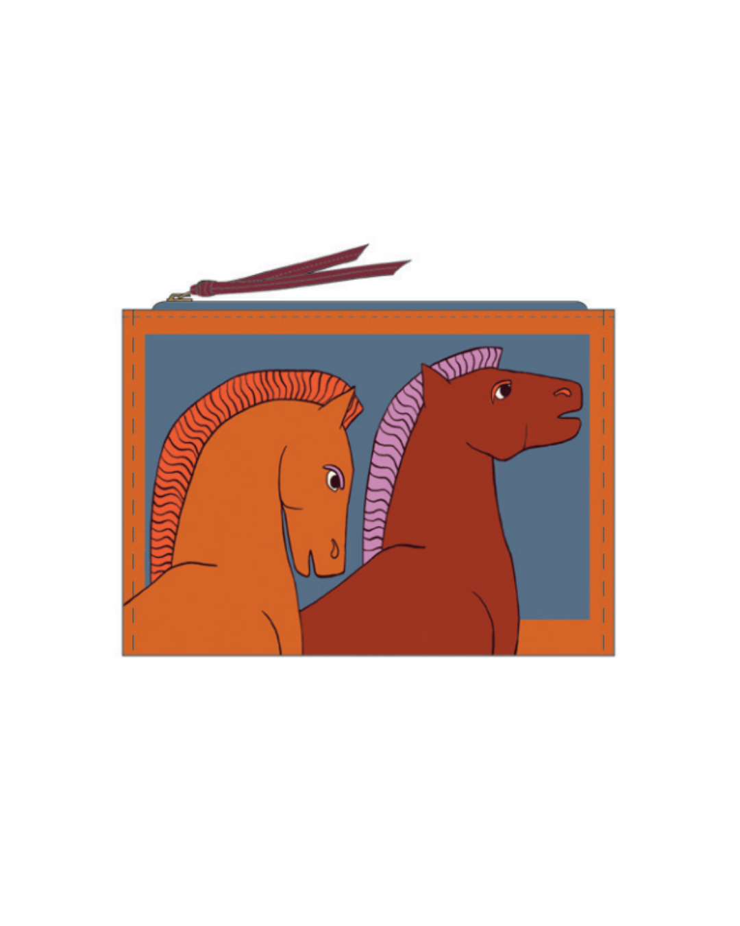 Pouch with illustrations of two horses on a blue background