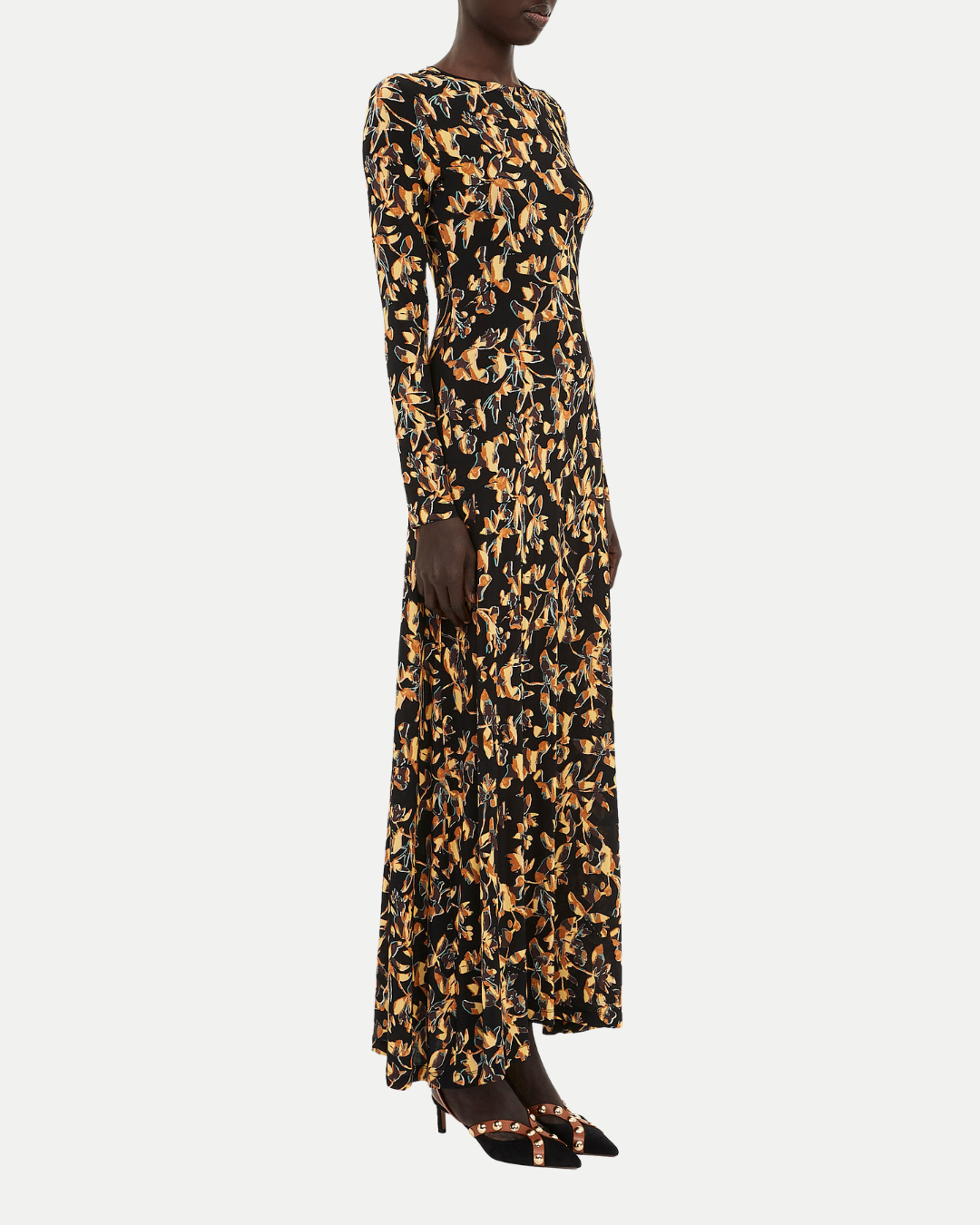 Long dress with a floral pattern on a white background