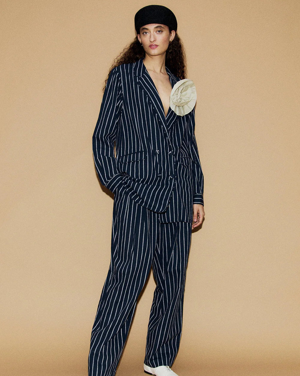 Silk Laundry Slouch Pants in Egret Stripe