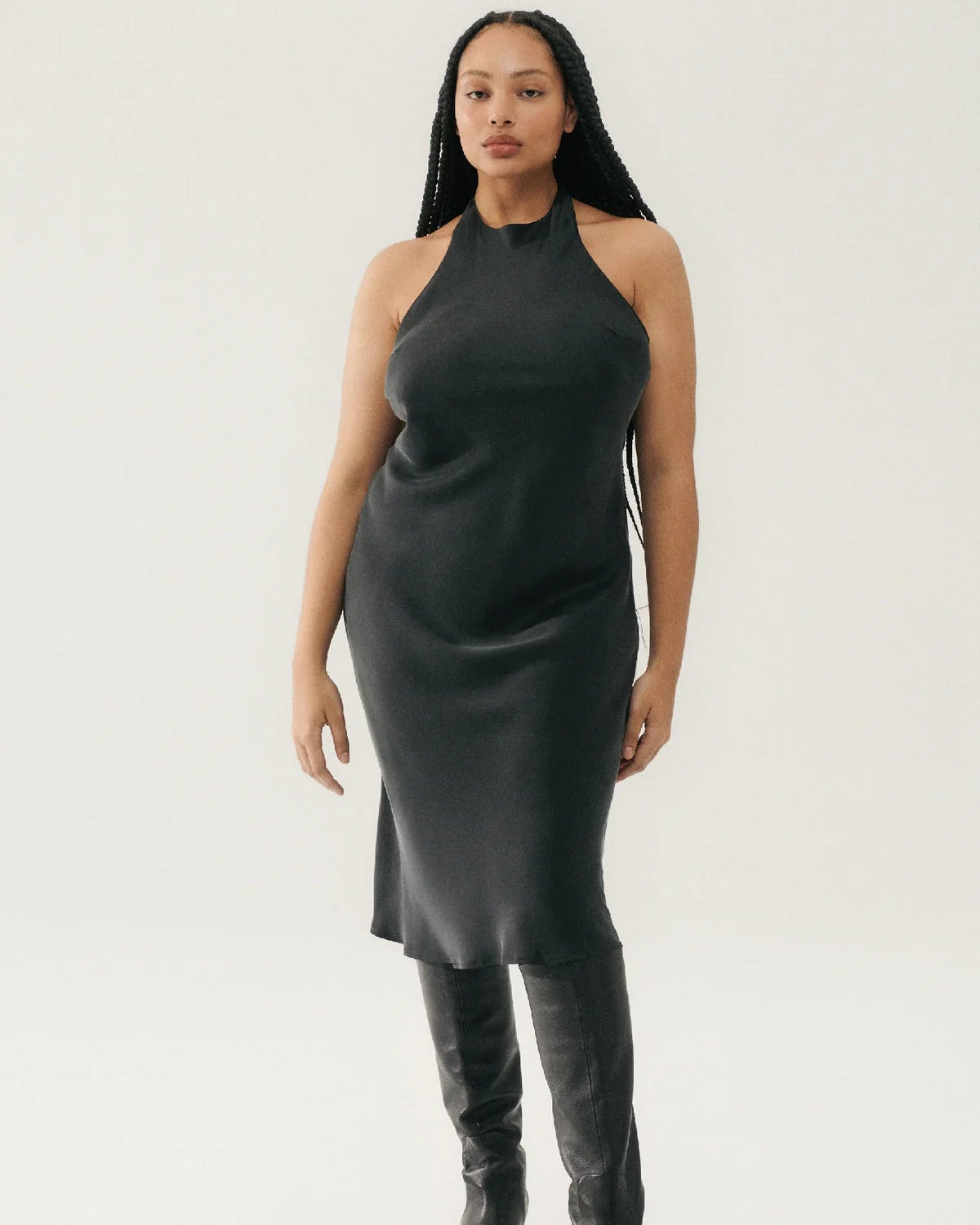 Silk Laundry Halter Dress in Black