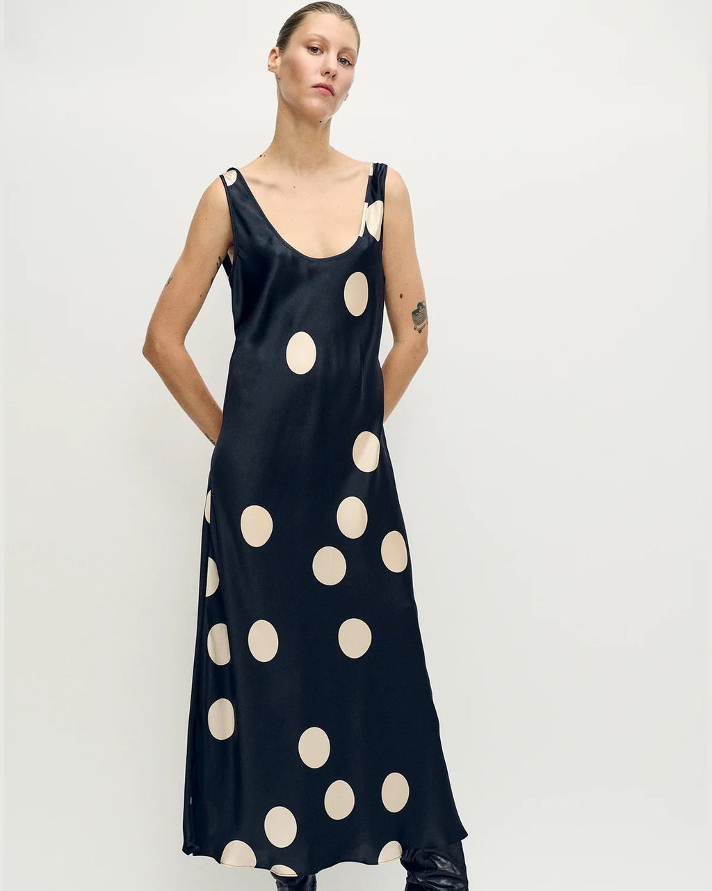 Silk Laundry Scoop Neck Dress in Large Polka Dot