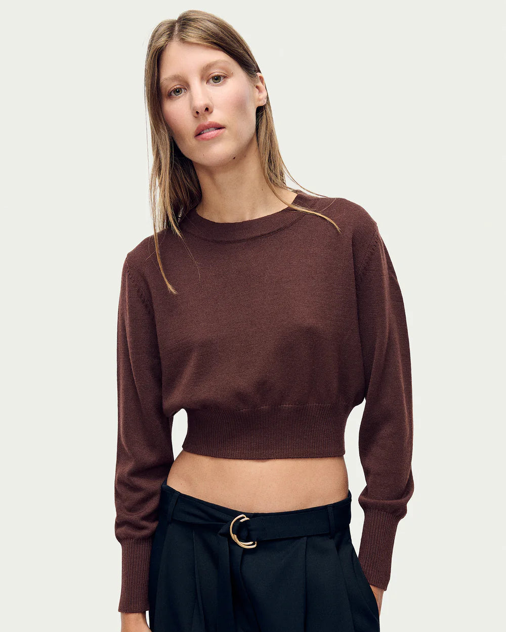 Silk Laundry Wool Cropped Crewneck in Root