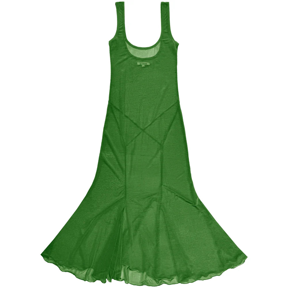 Ali Golden Tank Dress with Asymmetrical Hem in Grass Green