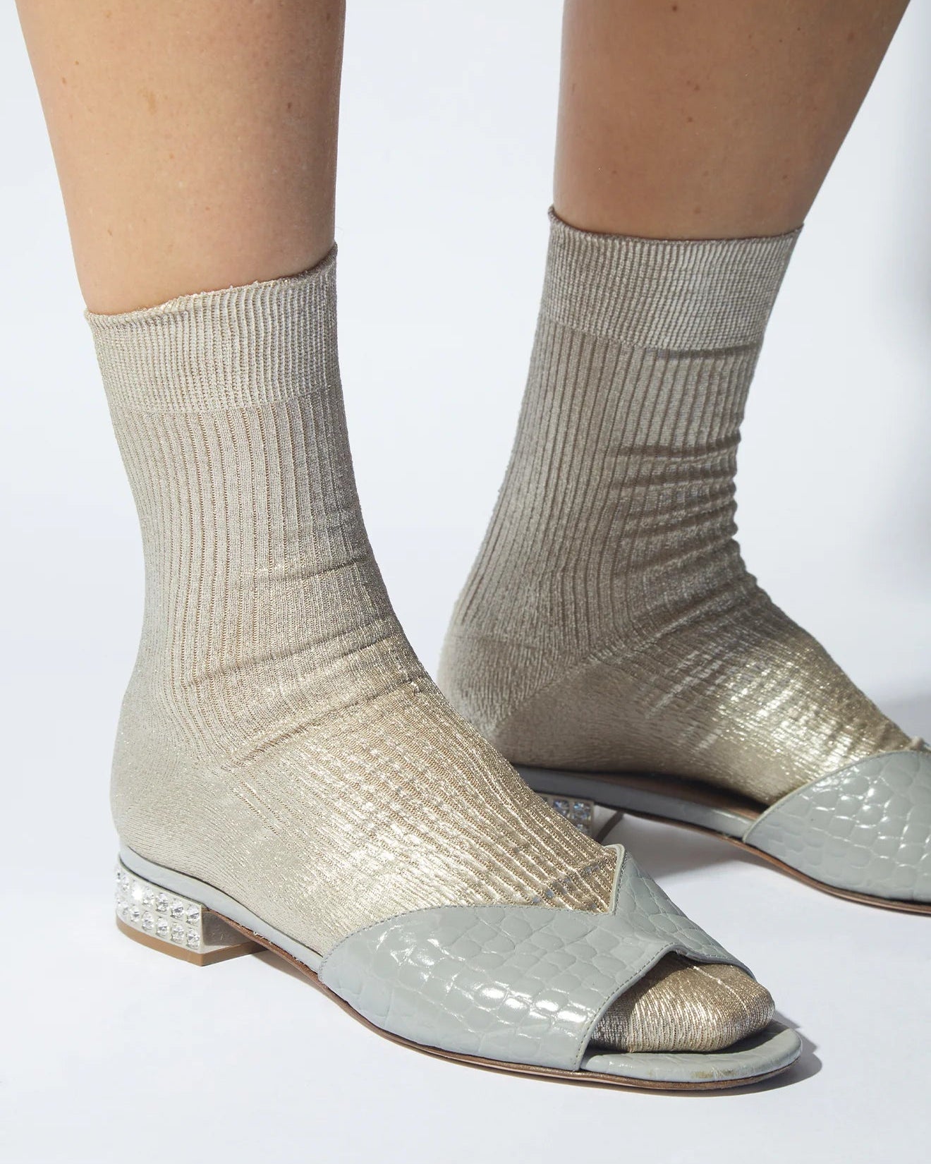 Maria La Rosa One Ribbed Laminated Socks in Platino
