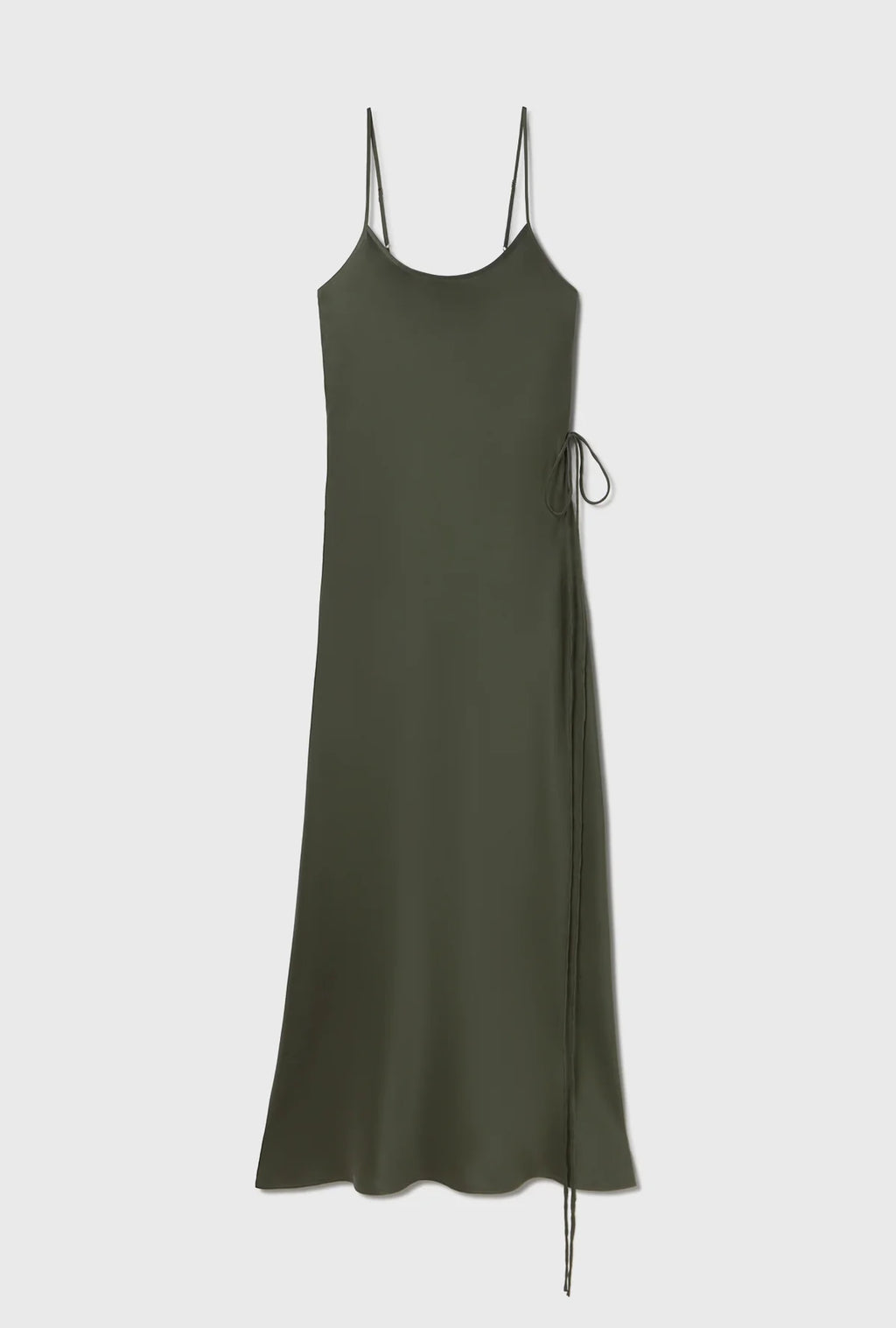 An olive green satin slip dress with thin spaghetti straps and a side tie detail, shown against a light gray background.