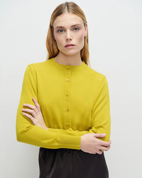 Silk Laundry Cropped Cardigan in Mustard Yellow