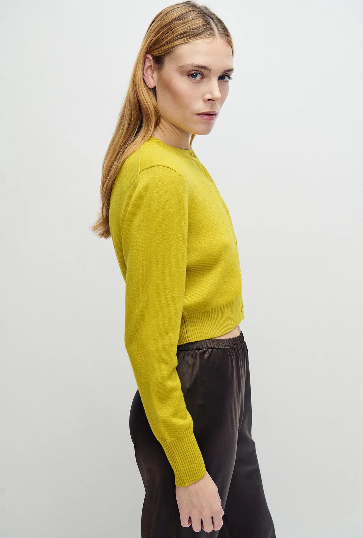 Silk Laundry Cropped Cardigan in Mustard Yellow