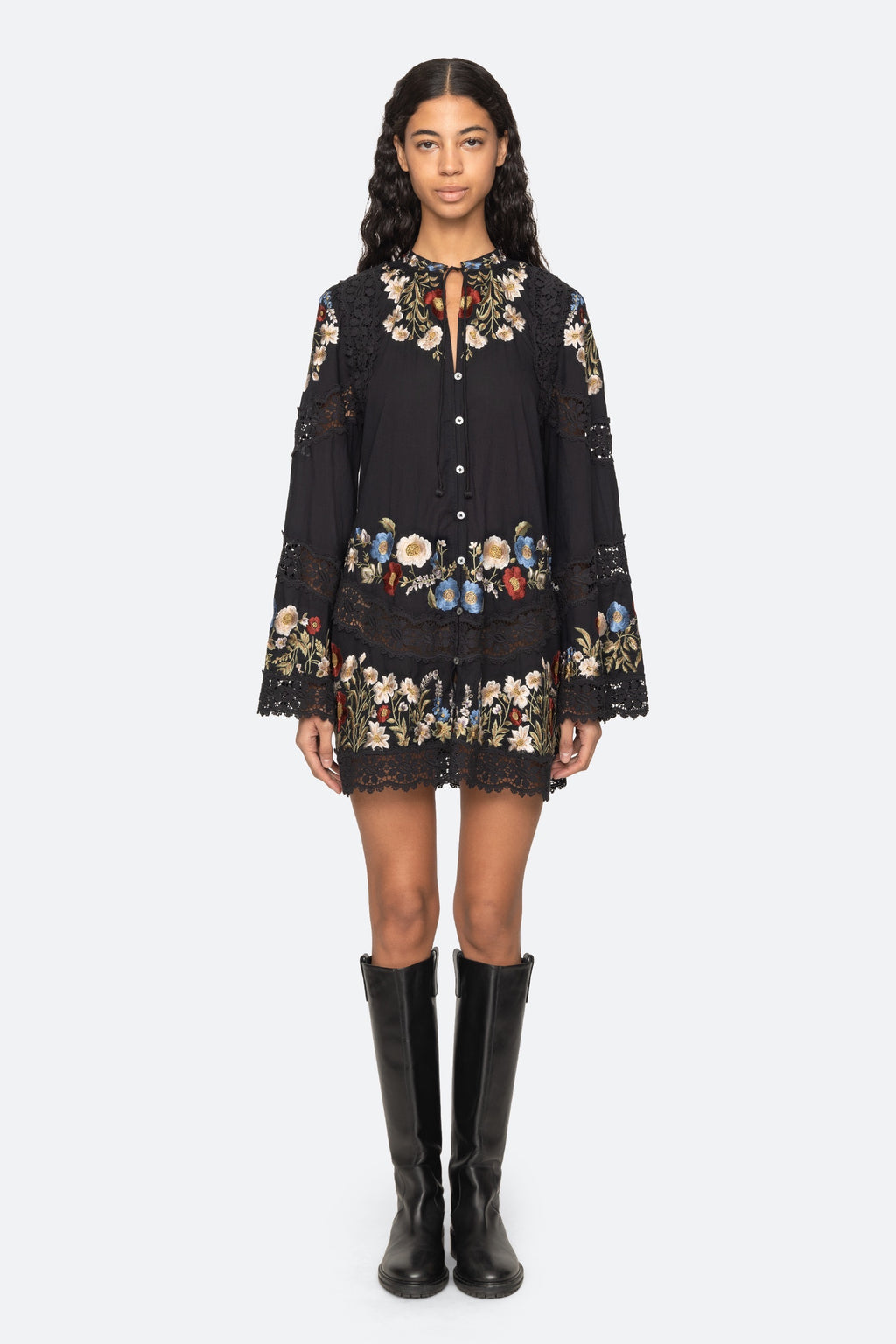 Sea New York Ruwa Embroidered Flare Mini Dress in Black