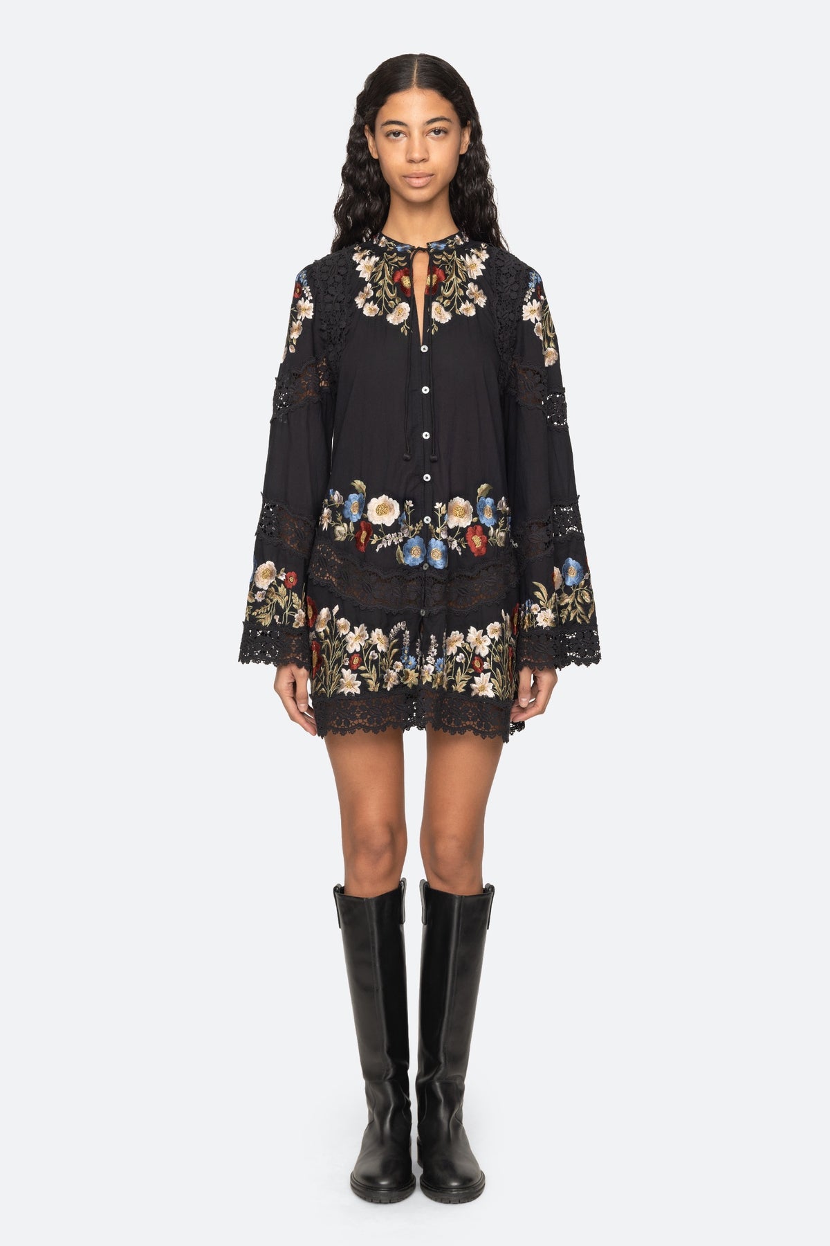 Sea New York Ruwa Embroidered Flare Mini Dress in Black
